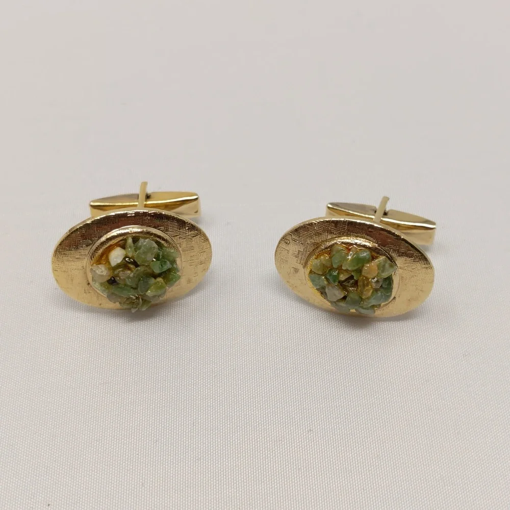 Cuff Links Gold Tone Textured Oval Shape Green Stones
